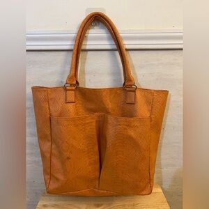 Neiman Marcus orange faux snakeskin embossed leather tote bag